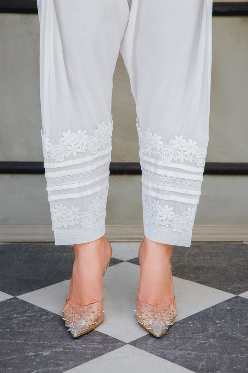 Cotton Silk 3 Lace Shalwar - White